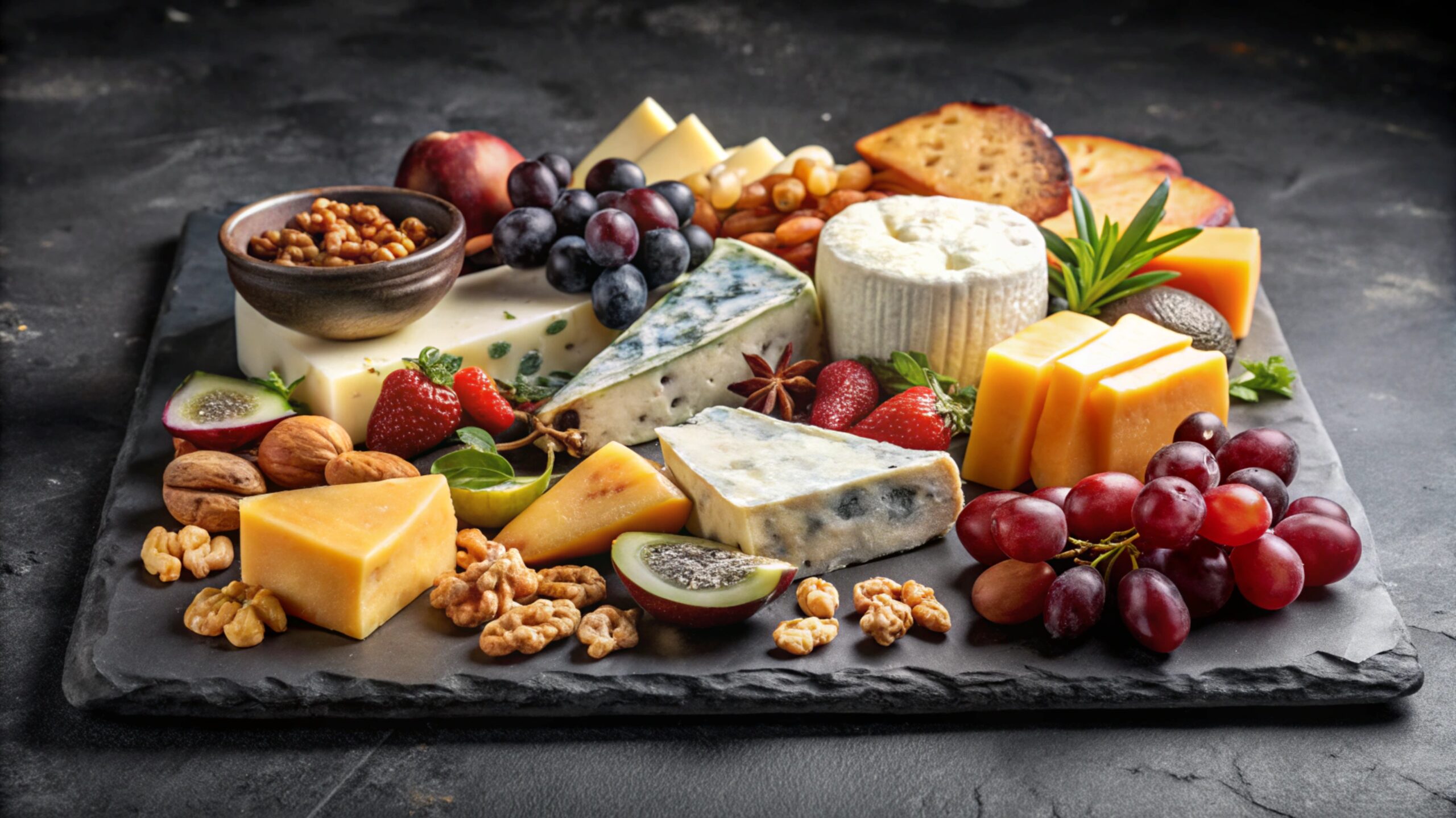 A gourmet cheese board with various cheeses, grapes, strawberries, nuts, and crackers on a black slate board.